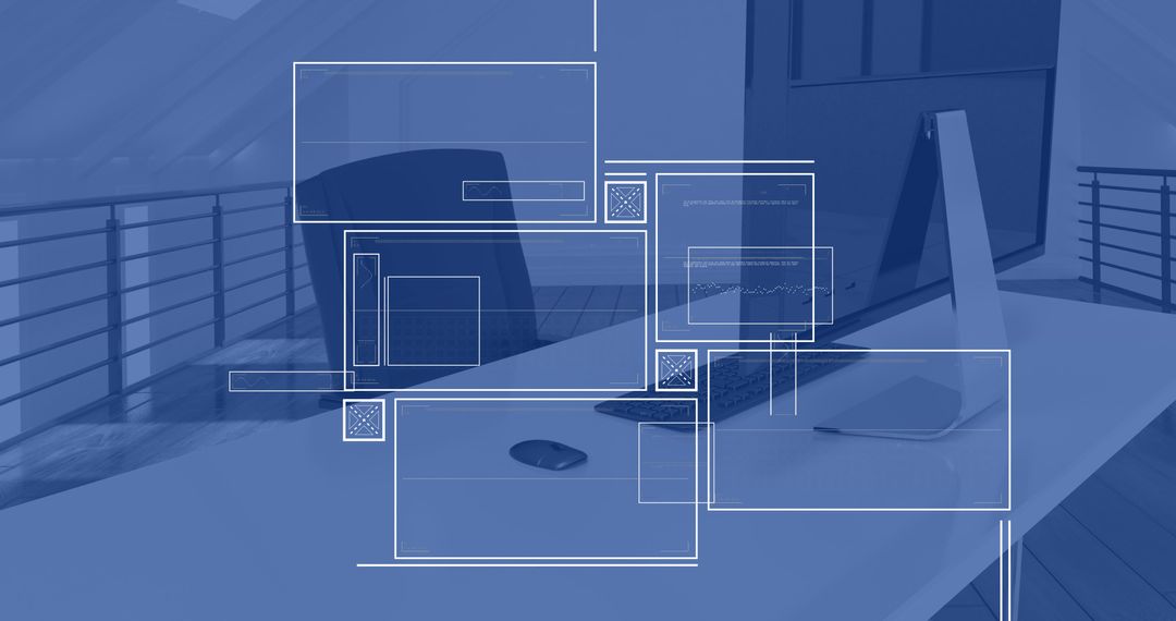 UI Wireframe Overlays on Modern Office Desk Workspace