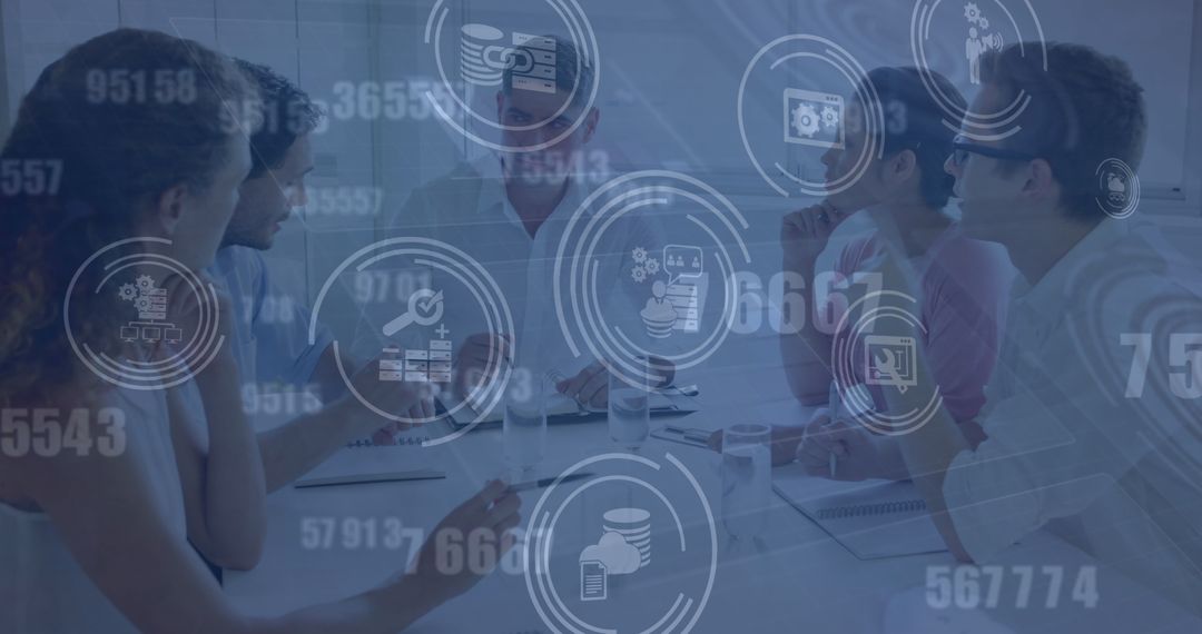 Business Team in Financial Strategy Meeting with Digital Interface