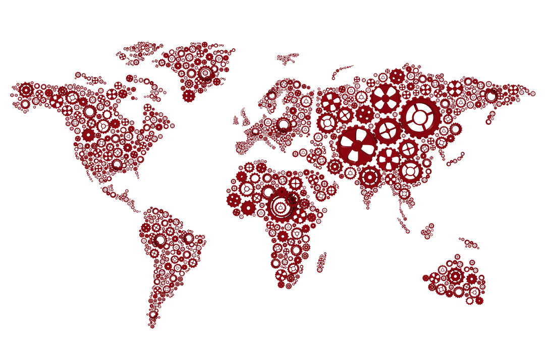 World Map of Red Cogs on Transparent Background