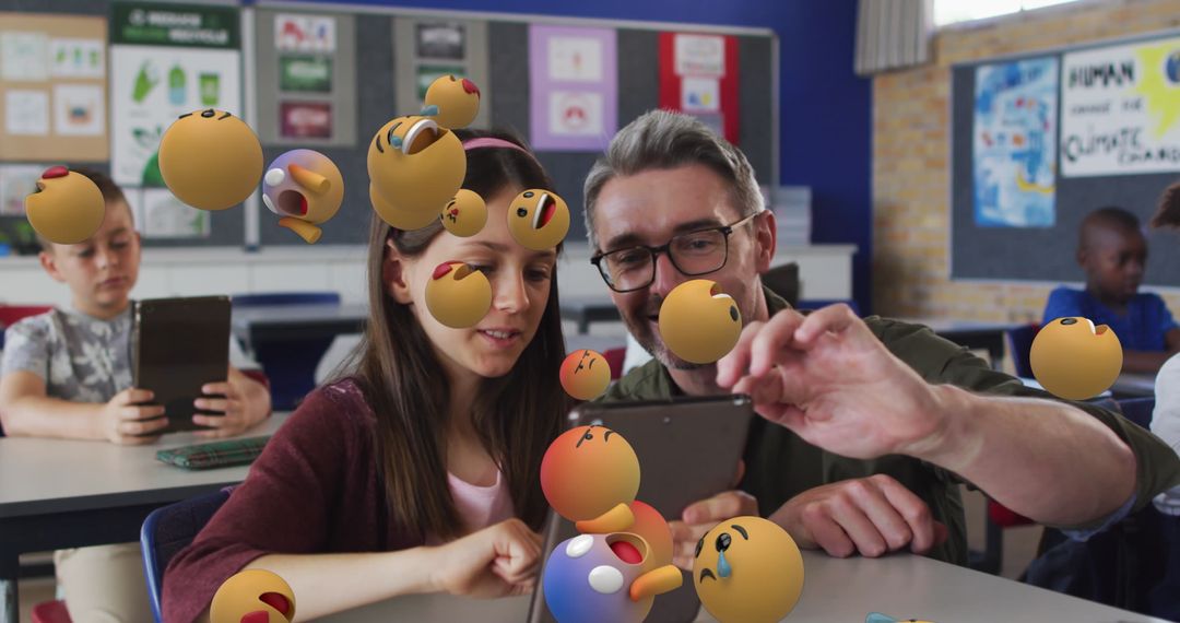 Teacher and Student Engaged in Digital Classroom with Emojis Overlay