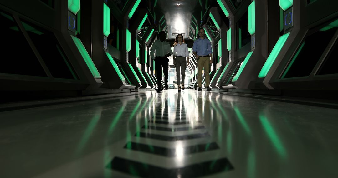 Group of Professionals Walking in Futuristic Green-Lit Corridor - Free Images, Stock Photos and Pictures on Pikwizard.com