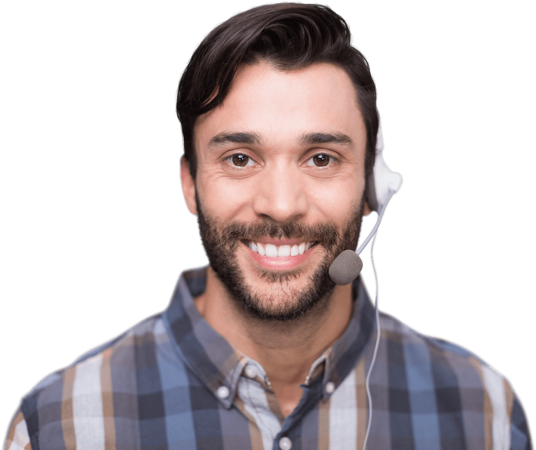Transparent Happy Man with Headset in Casual Shirt Smiling