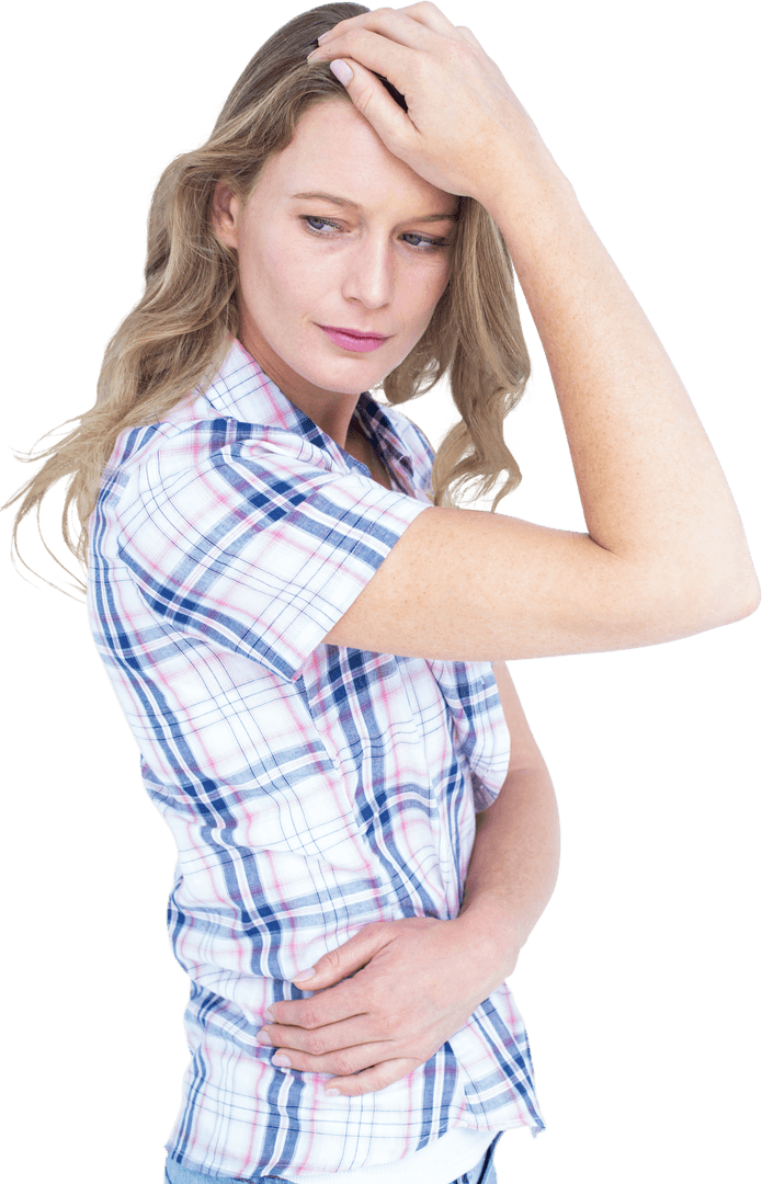 Caucasian Woman Touching Head in Thoughtful Pose Transparent Background