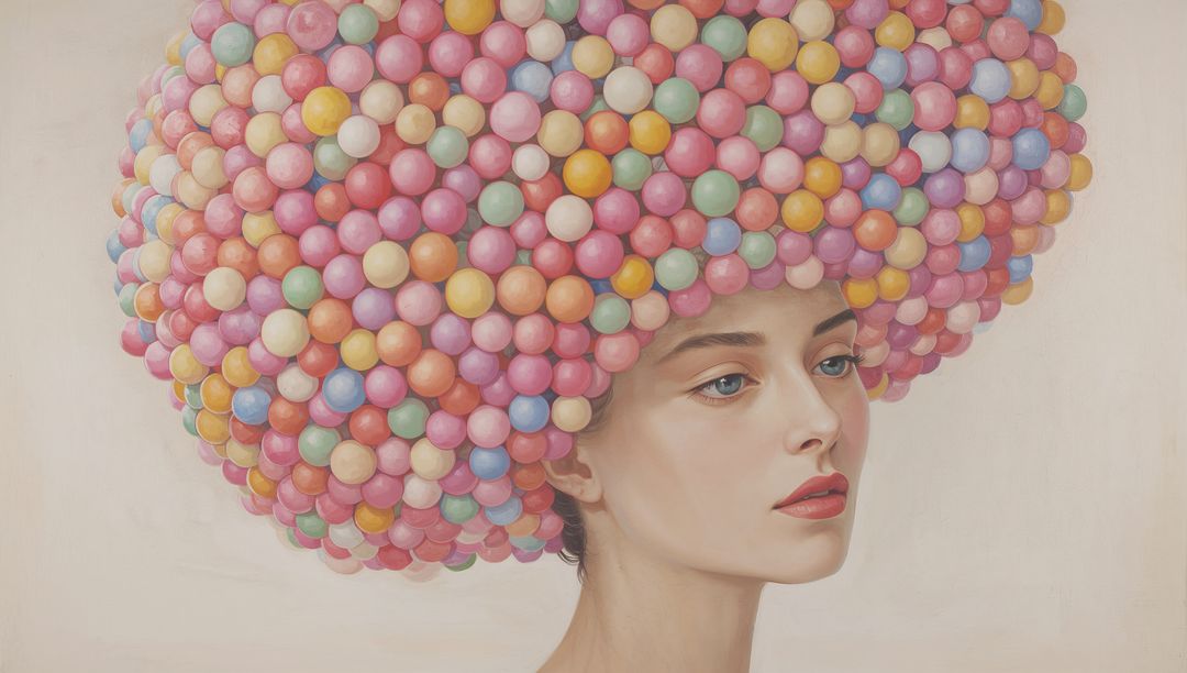 Surreal Portrait Featuring Pastel Bubble Afro Hair, Fashion Illustration Colorful Beads