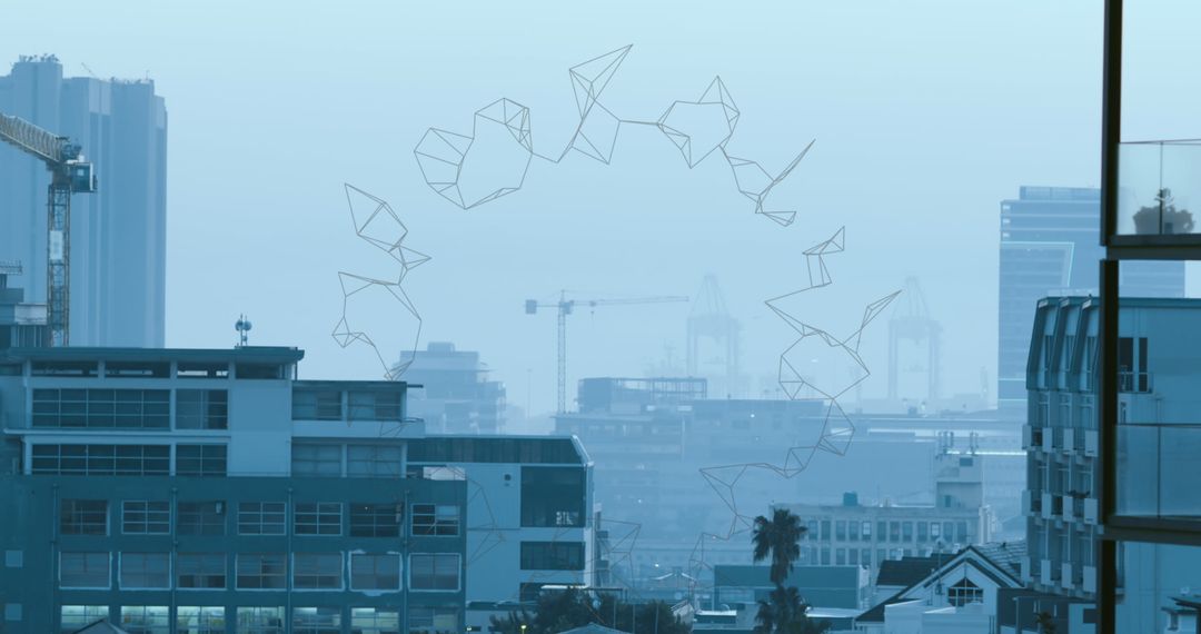 Futuristic Digital Shapes Over Modern Urban Skyline