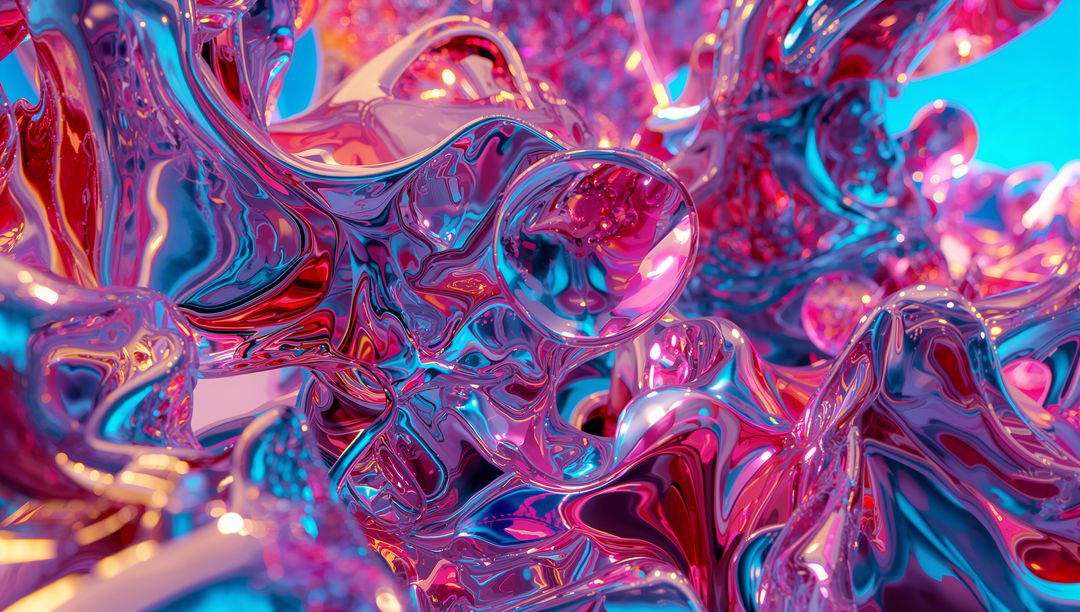 Shimmering Abstract Metallic Forms in Neon Gradient