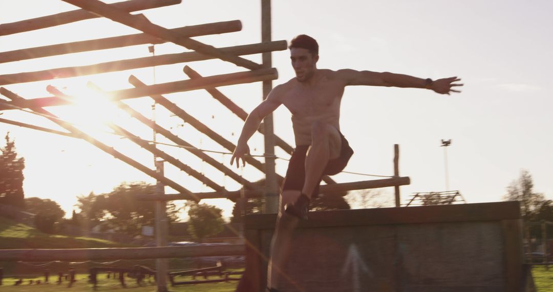 Man Training on Outdoor Obstacle Course at Sunset - Free Images, Stock Photos and Pictures on Pikwizard.com