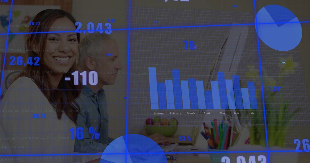 Woman Analyzing Data Charts on Computer in Modern Office