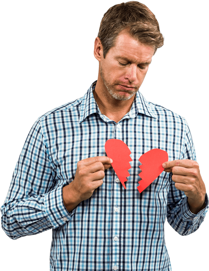 Transparent Sad Man Holding Broken Heart Pieces