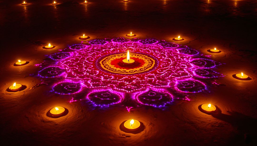 Vibrant Diwali Rangoli with Diyas Illuminating Stone Floor