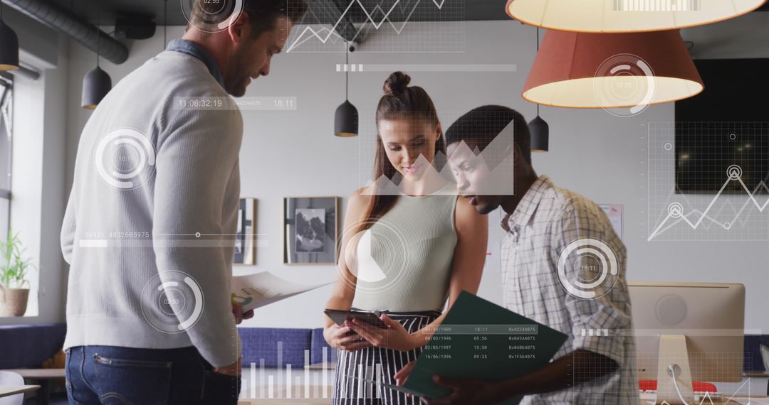 Team Collaborating in Office with Virtual Data Overlay