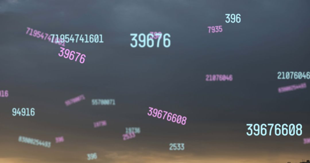 Digital Data Numbers Floating in the Sky at Dusk