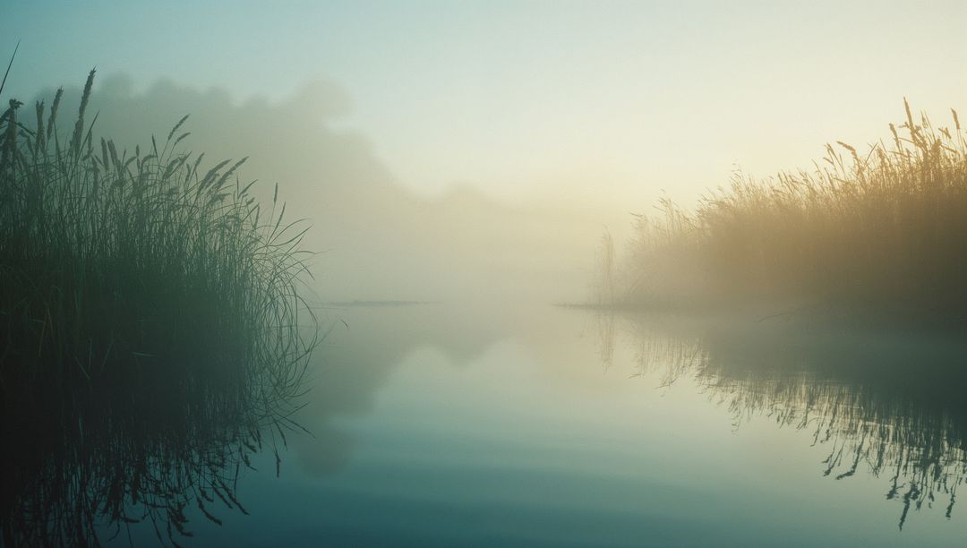 Misty Dawn Reflection Over Serene Wetlands