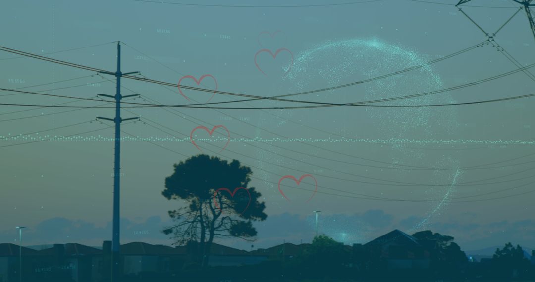 Falling Hearts Over High Voltage Lines with Digital Connections Overlay