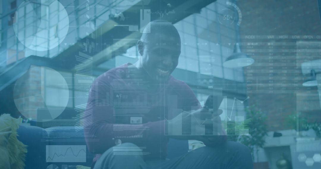 African American Businessman Using Smartphone with Financial Data Overlay