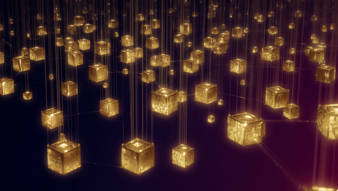 Glowing Golden Cubes Suspended in Dark Networked Space with Filaments and Ambient Light