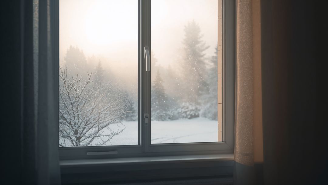 Sunlit Winter Morning Through Frosted Double-Pane Window With Cozy Curtains and Snow