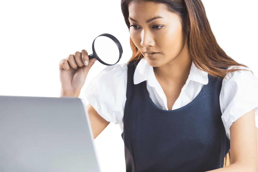 Businesswoman Analyzing Laptop Display with Magnifying Glass Transparent Background