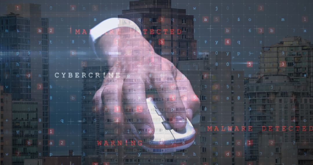 Cybersecurity Warning with Digital Mouse in Urban Background
