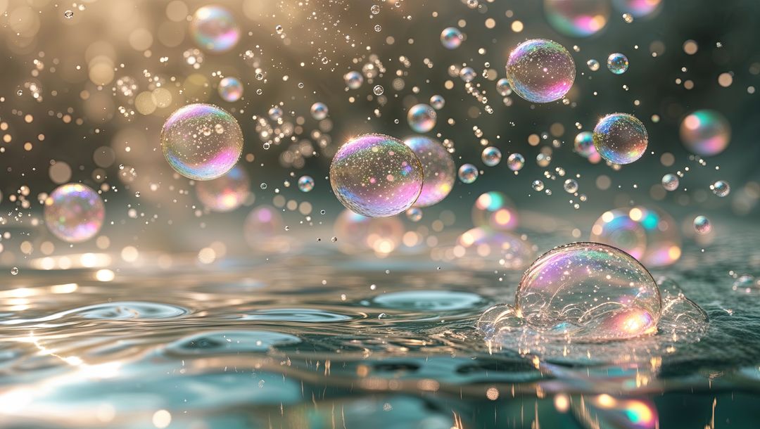 Floating Soap Bubbles Reflecting Light Over Water Surface