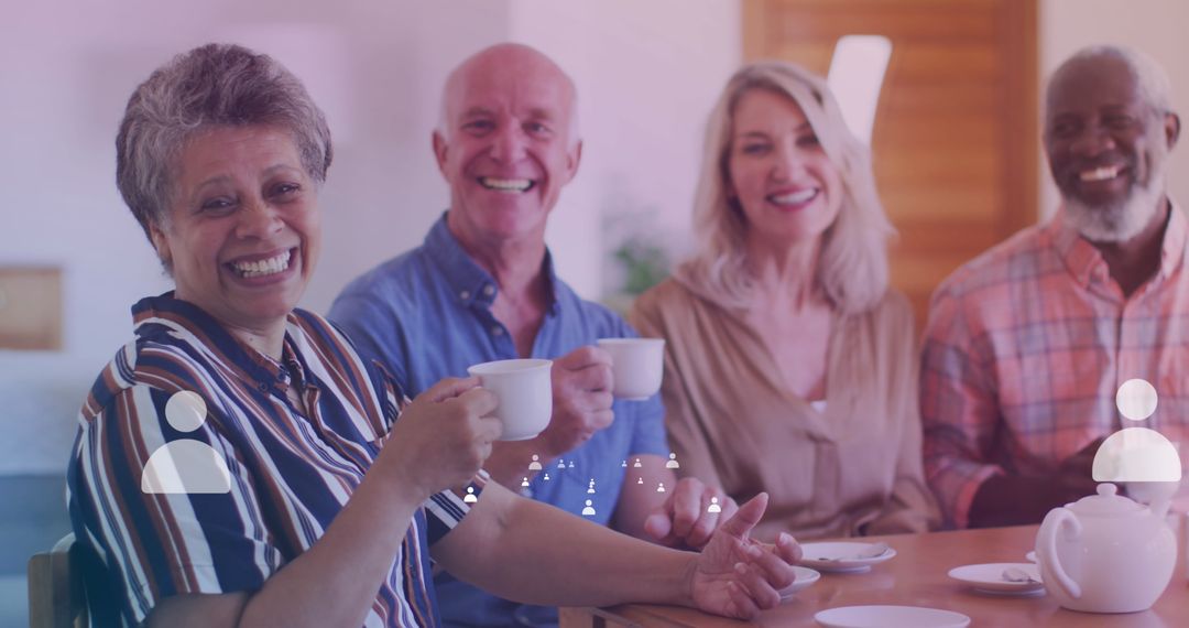 Diverse Seniors Enjoying Coffee with Digital Interface Graphics