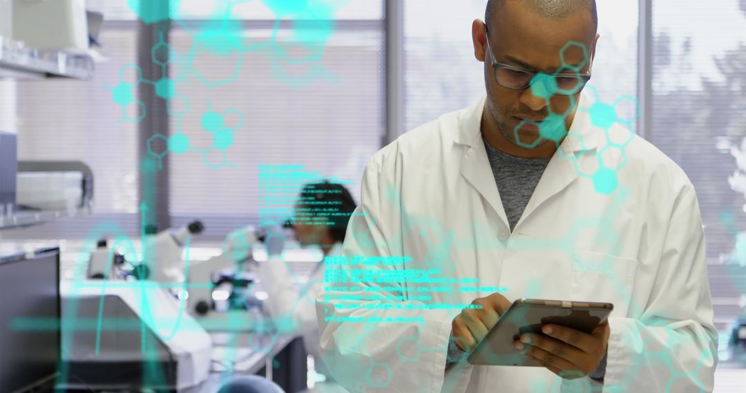 Scientist Analyzes Medical Data on Digital Tablet in Laboratory Setting