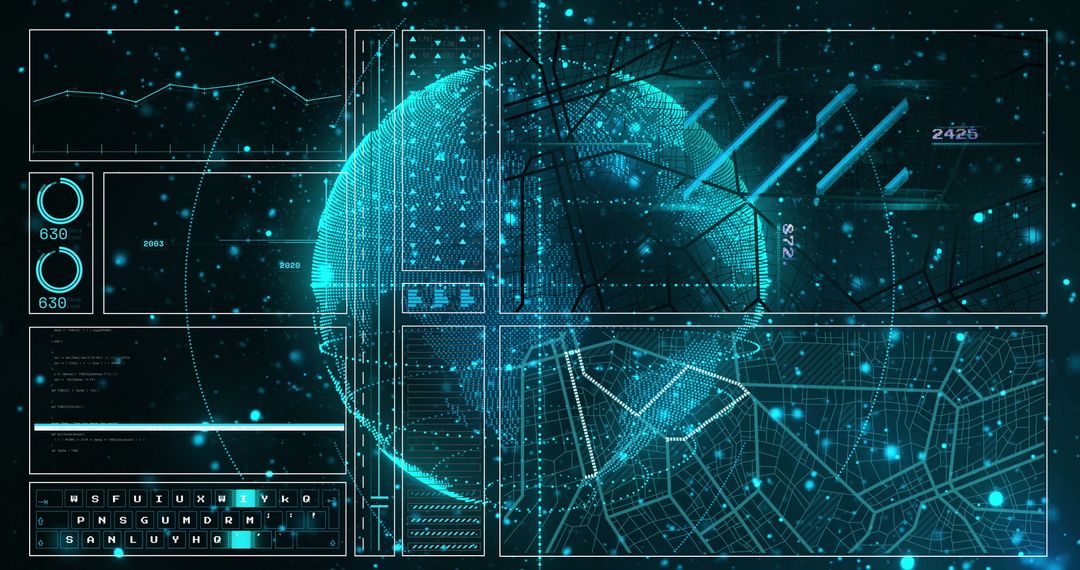 Futuristic Digital Interface Featuring Globe and Data Streams