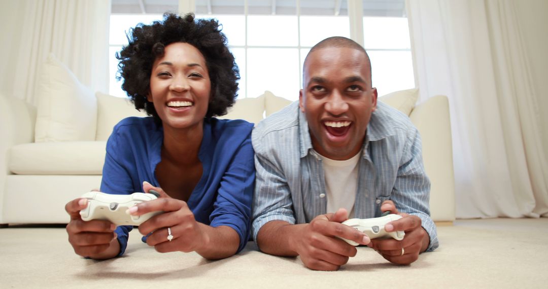 Young Adults Enjoying Video Game at Home Joyfully