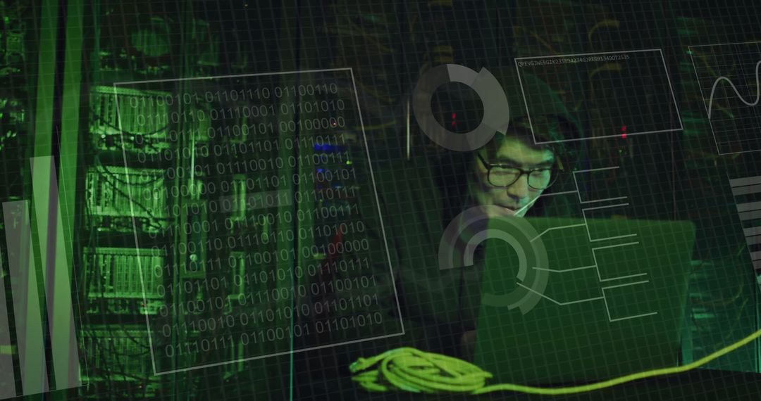 Cyber Hacker in Data Warehouse with Digital Overlay Elements