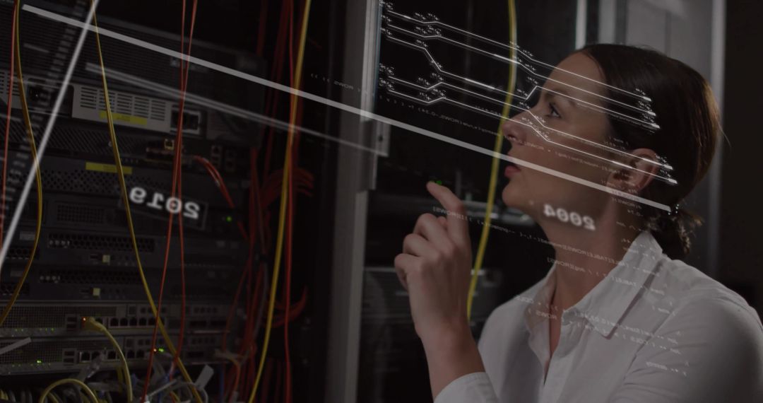 Female Engineer Analyzing Network Cables in Server Room