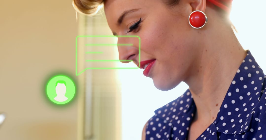 Woman Reading Smartphone Messages with Virtual Communication Overlay