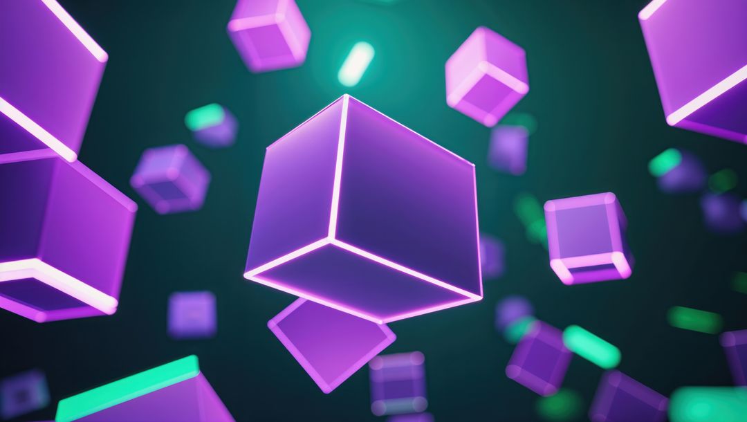 Floating Neon Purple Cubes in Futuristic Digital Scene