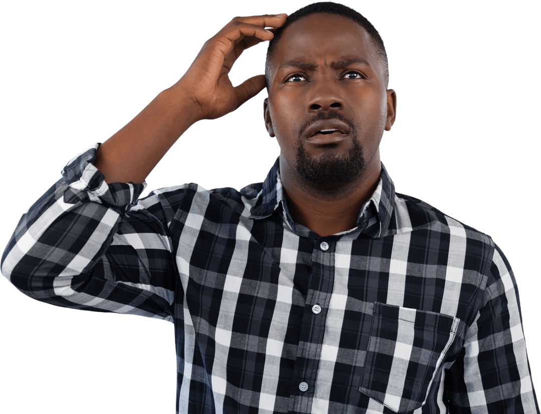 Thoughtful African American Man Touching Head – Transparent Background