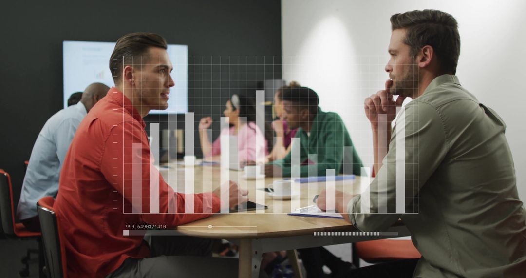 Team Collaborating with Overlay of Financial Data in Modern Office