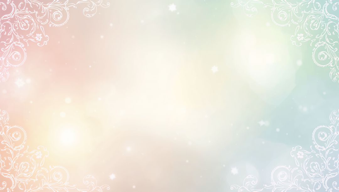 Pastel gradient stationery header with white filigree corners, bokeh glow and ornamental lacework