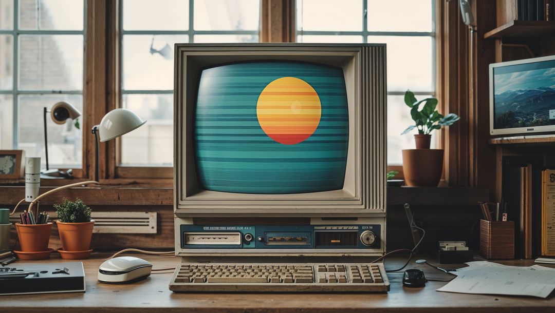 Retro computer with stylized sun graphic in cozy home office for website designs