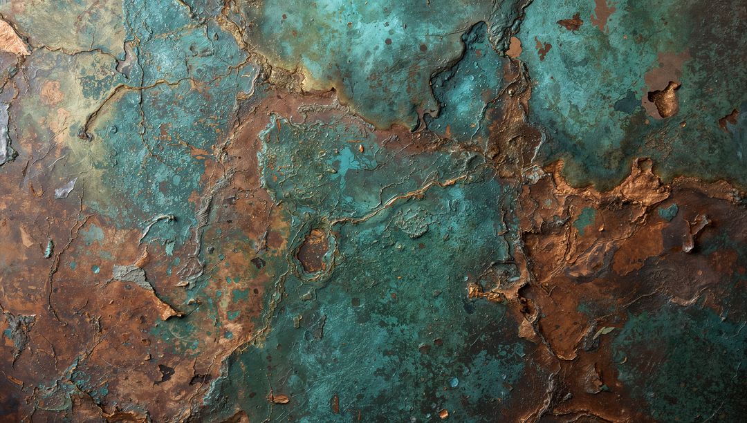 Verdigris and rusted copper panel showing turquoise patina, peeling flakes and textured corrosion