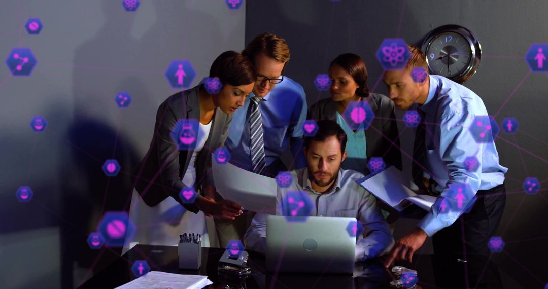 Animated Business Team Collaborating with Digital Network Interface