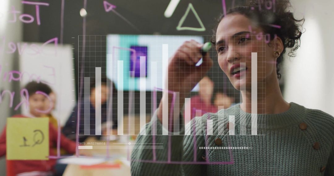 Woman Presenting Data Insights on Transparent Board