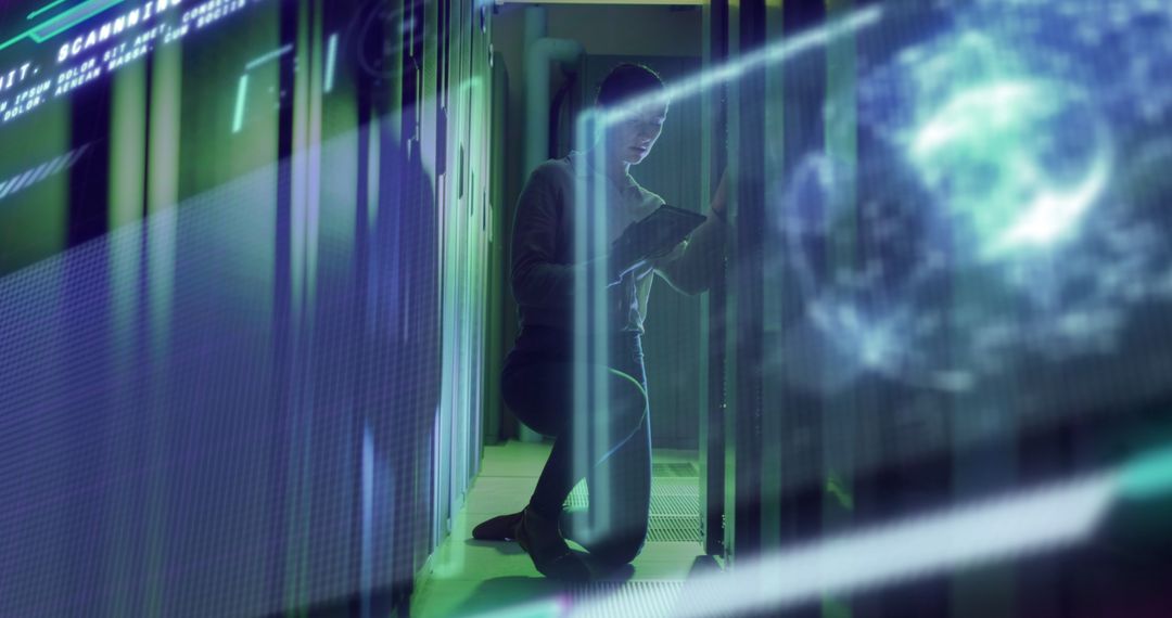Female Technician Monitoring Data Systems in Futuristic Server Room