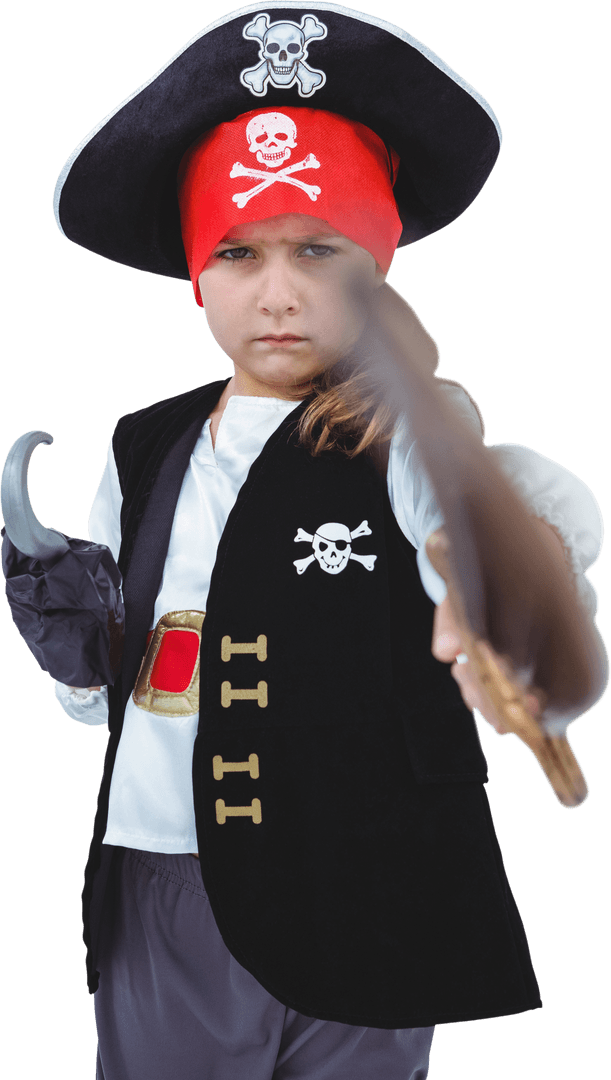Determined Child Dressed as Pirate Wielding Sword on White Background Transparent