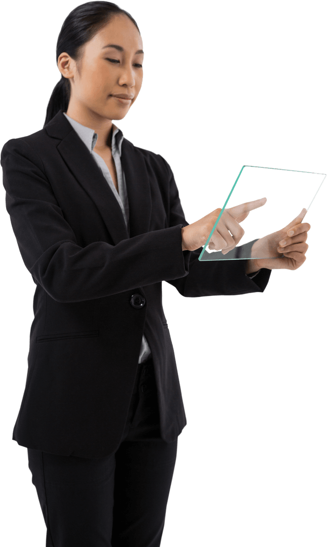 Transparent Device Usage by Professional Female Executive Holding Glass Tablet