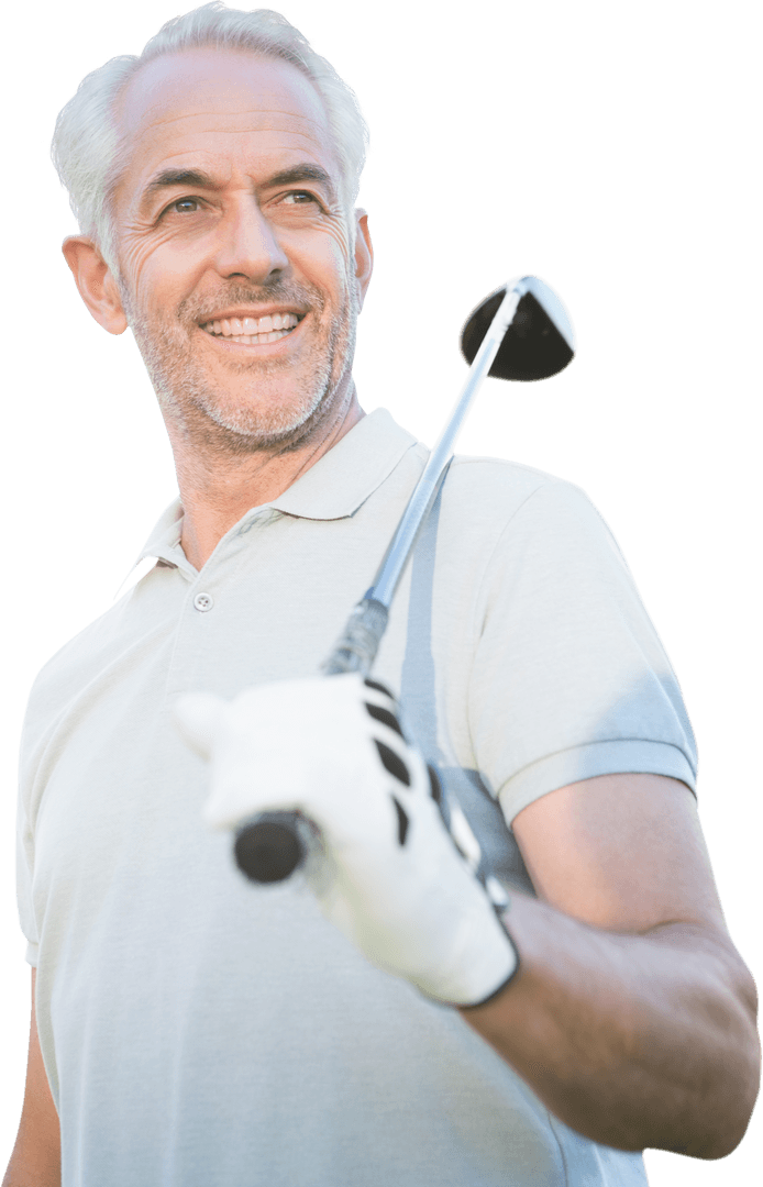 Smiling Senior Golfer with Club on Transparent Background