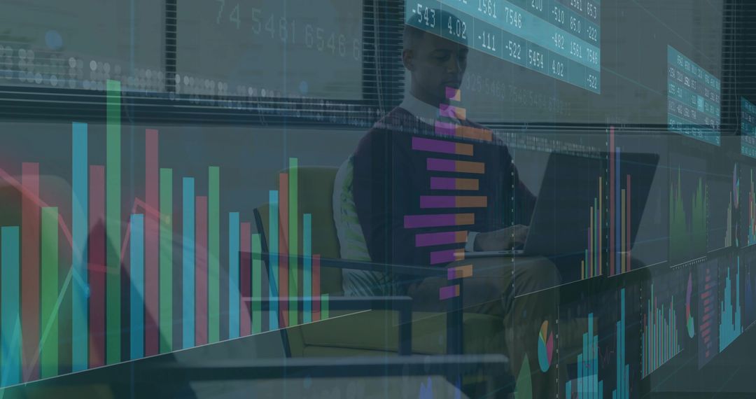 Analyst analyzing financial dashboards on laptop in coworking lounge with data overlays