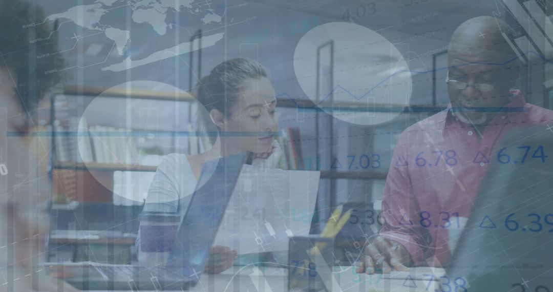 Business Team Collaborating Over Data with Transparent Analytics