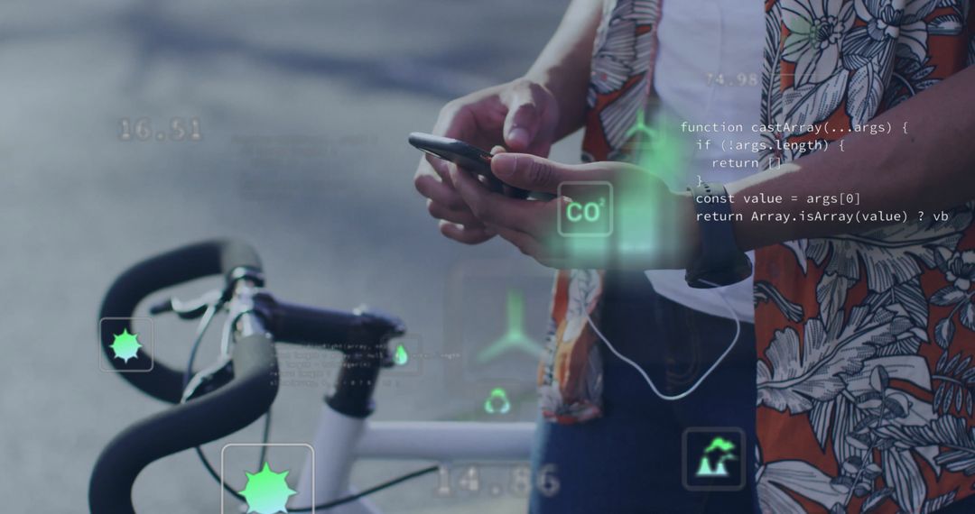 Casual Cyclist Engaging with Futuristic Technology