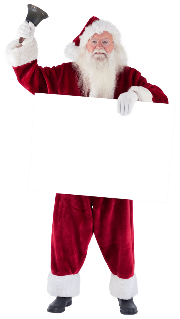 Smiling Santa Holds Blank Sign and Rings Bell Transparent