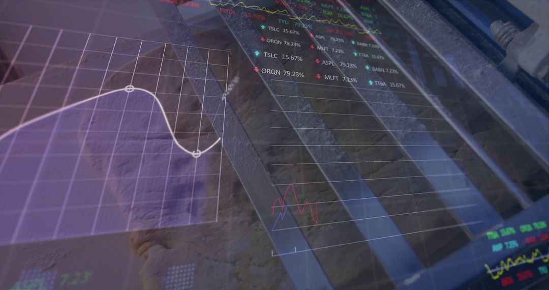 Holographic Financial Data Display on Stone Wall with Industrial Vibes