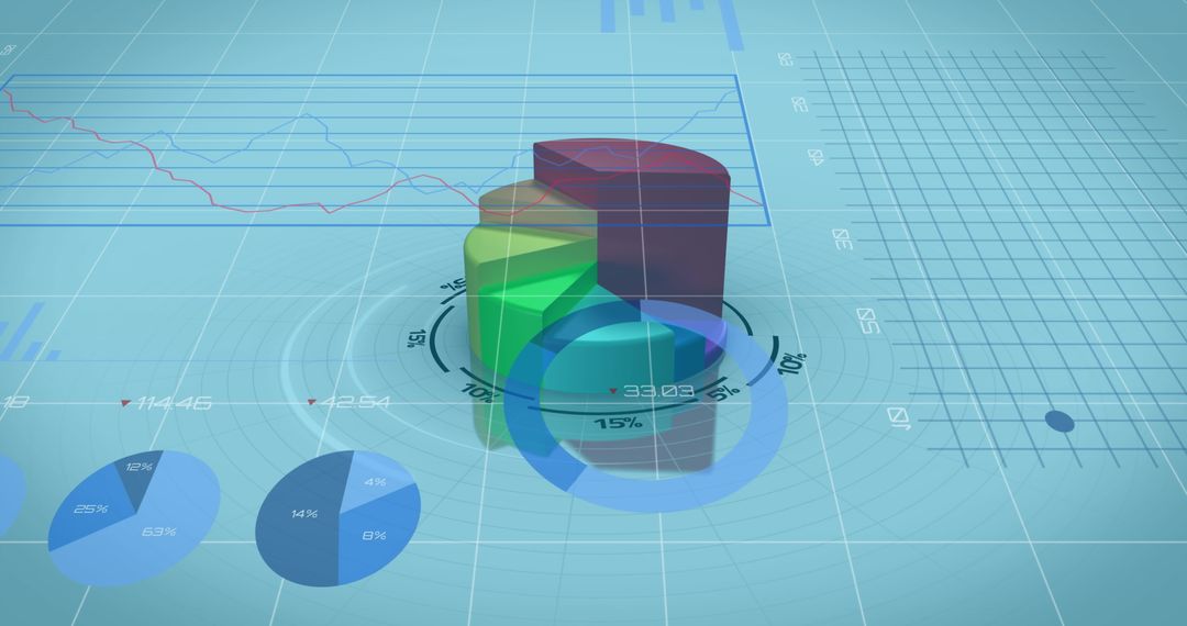 Financial Data Processing with 3D Graphs on Blue Background