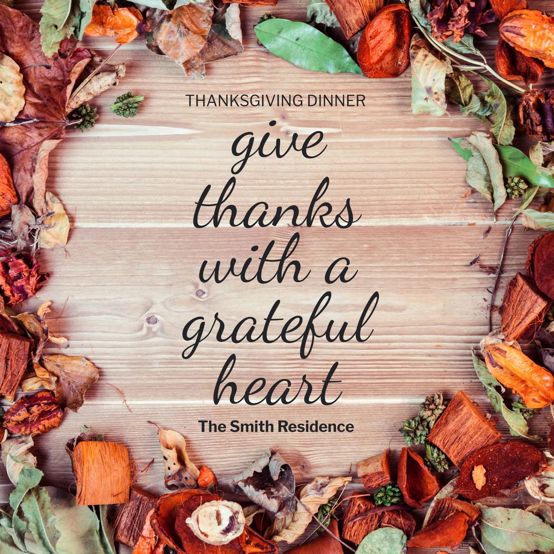 Thanksgiving Invitation with Autumn Leaves on Wooden Background